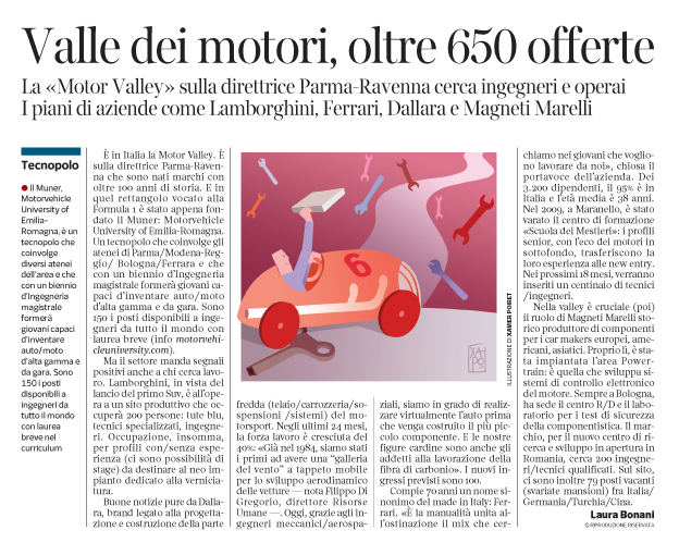 Corriere Economia - motor valley  Emiliana; assunzioni  - 23.05.17 - pp.37