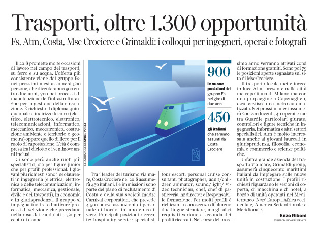 239 - Corriere Economia -Trasporti su ferro e acqua; assunzioni - 12.12.17 - pp.43