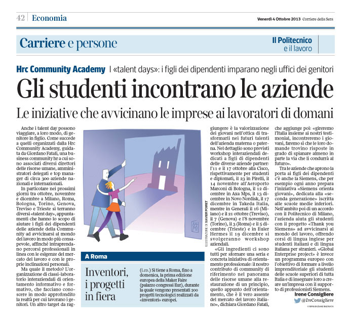 Corriere Economia - 04.10.13 - I giovani incontrano le aziende